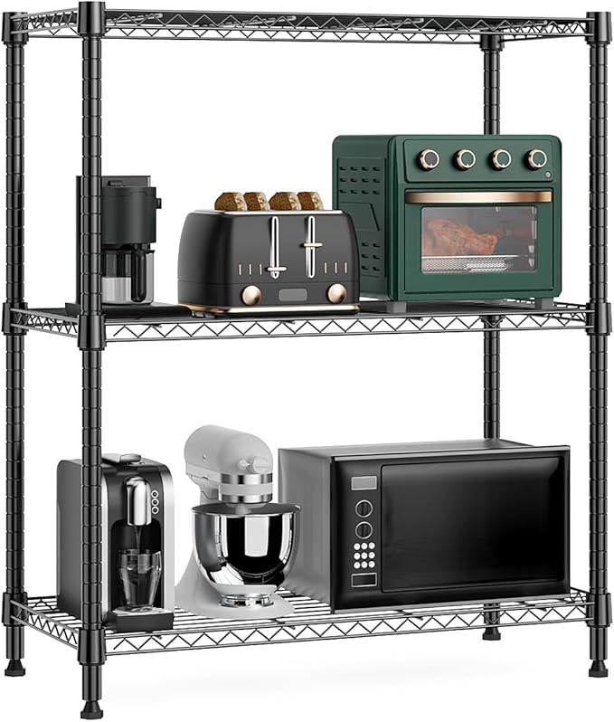 M MZG 750 lbs 3 Tier Storage Rack Metal Wire Shelving Unit, Storage Standing Shelf Organizer for Laundry Bathroom Kitchen Pantry Closet Garage Basement Utility Room, Black 13.8" D x 29.5" W x 35.5" H