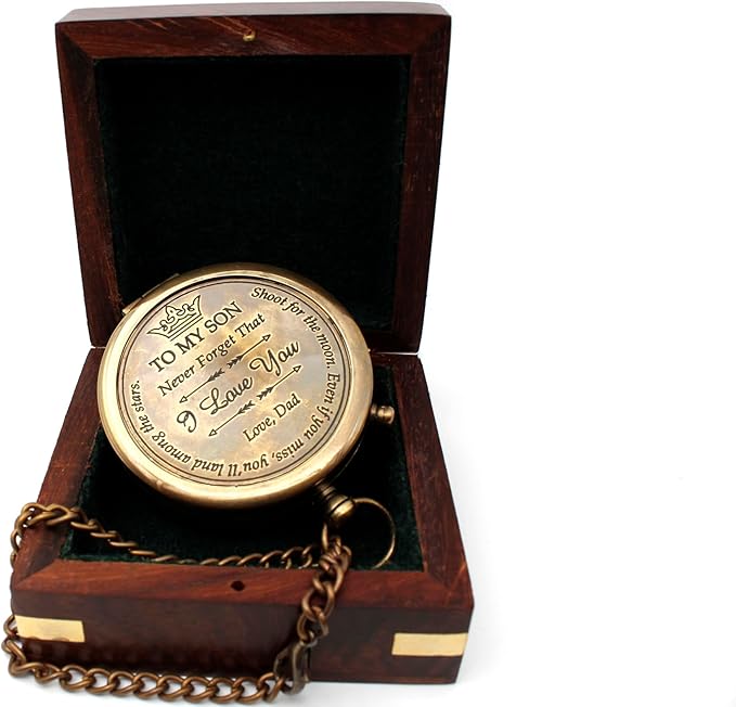US HANDICRAFTS Brass Compass with Wooden Case | Engraved Compass from Mom to Son | Graduation Gift, Birthday, Inspirational Travel Keepsake