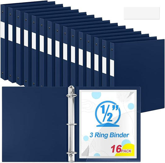 Henoyso 16 Pcs 3 Ring Binder 0.5 Inch Round Fits Letter Size 8.5'' x 11'' Paper Plastic Flexible Binder Bulk Holds 140 Sheets with 1 Pockets Versatile Organizer for Home Office School (Navy Blue)