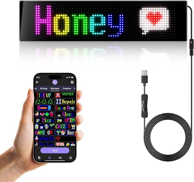 XIAOOHO Programmable LED Car Sign,Scrolling LED Sign,Flexible LED RGB Message Display,Bluetooth APP,DIY Design Colours,Animations,Text, Graffiti