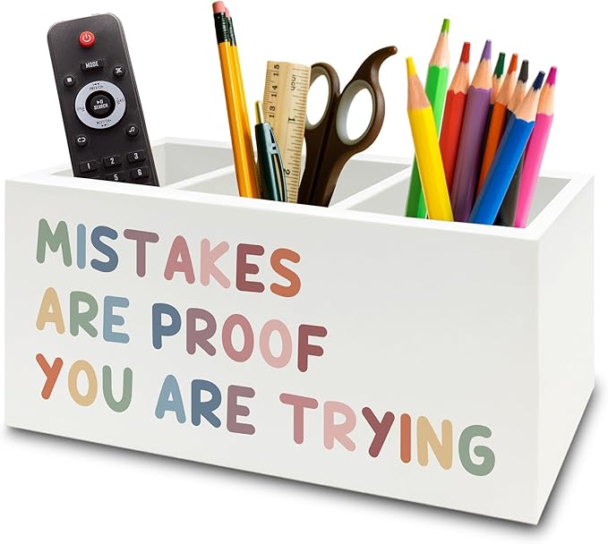 XPH Boho Inspirational Pen Pencil Holder Organizer for Desk, Positive Inspirational Gifts, Mistakes are Proof You are Trying Motivational Wooden Box Sign for Classroom Desk Tabletop Decorations