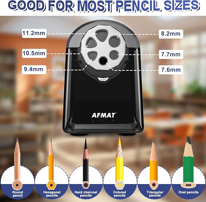 AFMAT PSX2 Electric Pencil Sharpener for Classroom, 6 Holes, Heavy Duty Pencil Sharpener for 6-11mm Pencils, Auto Stop, Save Pencils, School Teacher Must Have Pencil Sharpeners Plug in, Gray