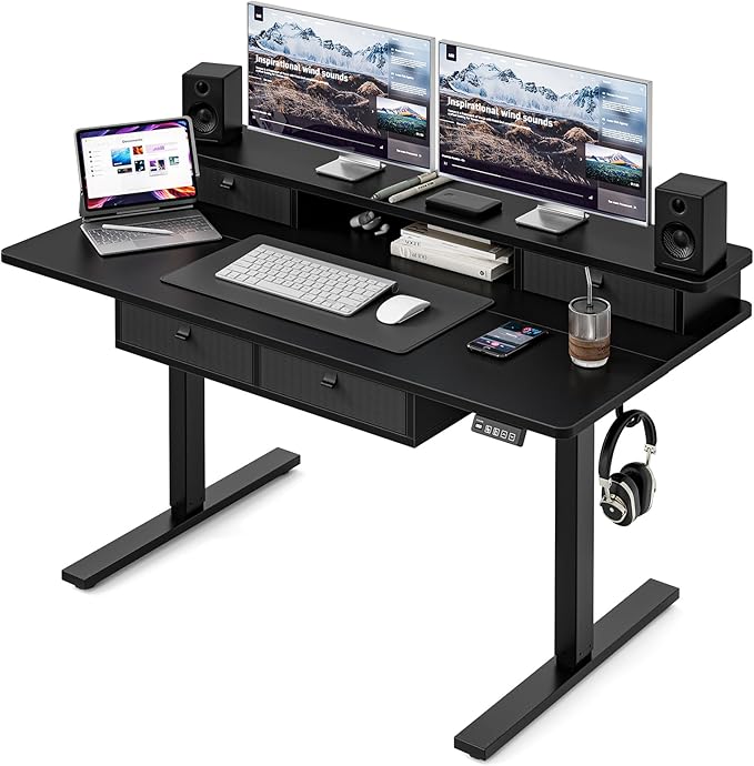Grandder 55 x 28 inch Electric Standing Desk with 4 Drawers, Sit Stand Up Desk Adjustable Height with Storage Shelf for Home Office Ergonomic Adjustable Desk with Splice Board, Black