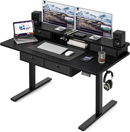 Grandder 55 x 28 inch Electric Standing Desk with 4 Drawers, Sit Stand Up Desk Adjustable Height with Storage Shelf for Home Office Ergonomic Adjustable Desk with Splice Board, Black