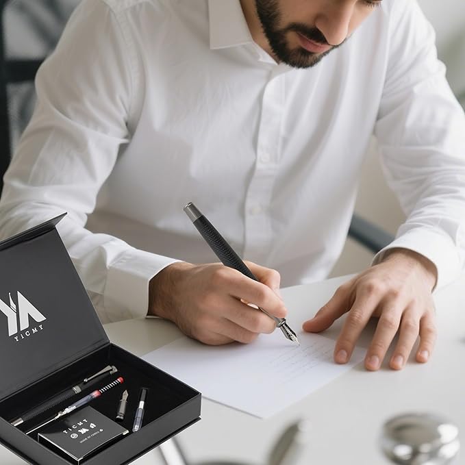 YICMY Fancy Fountain Pen Set – Fine & Medium Nibs, Includes 18 Ink Cartridges, Ink Converter, Syringe Filler, Luxury Gift for Writing, Journaling & Calligraphy，Black