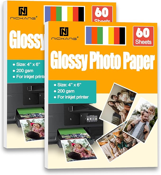 NICKANG 4x6 Photo Paper, Glossy Photo Paper 4x6, Total of 120 Sheets Bulk, 53 LB/200 gsm, Photo Printer Paper, Picture Paper for Inkjet Printer (60 Sheets/Pack x 2 Packs)