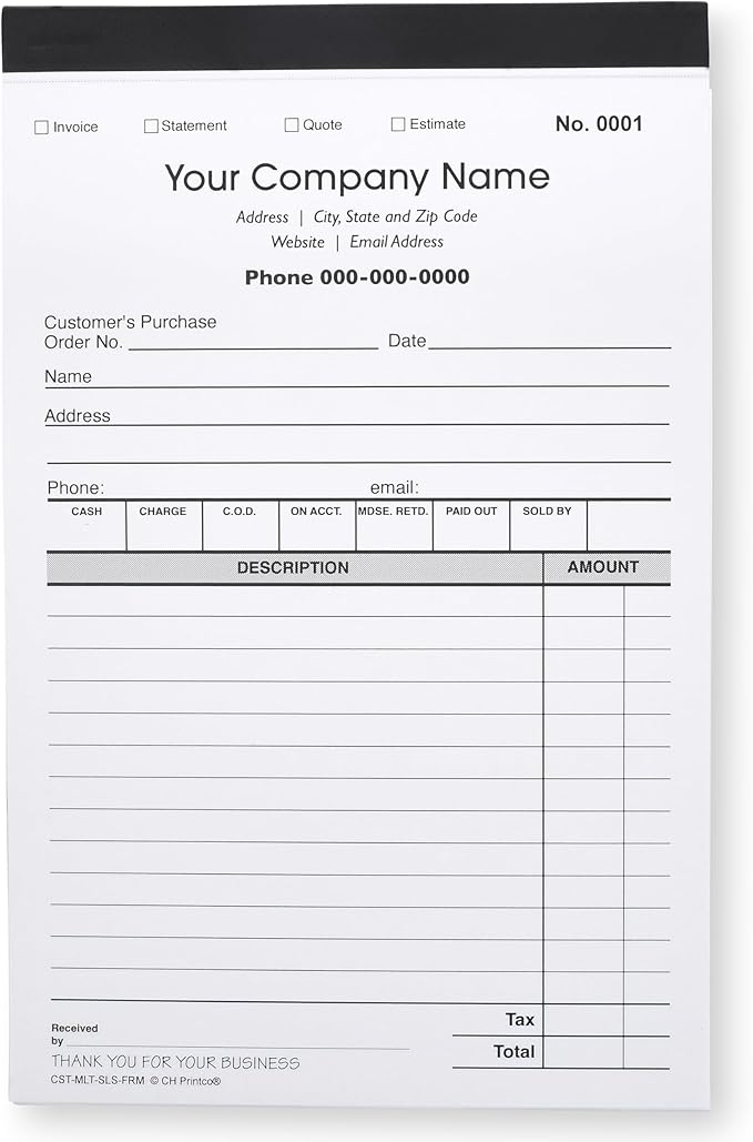 CH Printco Custom Sales, Invoice, Statement, Estimate, Quote, Personalized Multipurpose Duplicate Carbonless Form with Your Company Name - 2 Books (100 Sets) 5-1/2" Wide x 8-1/2" Tall.
