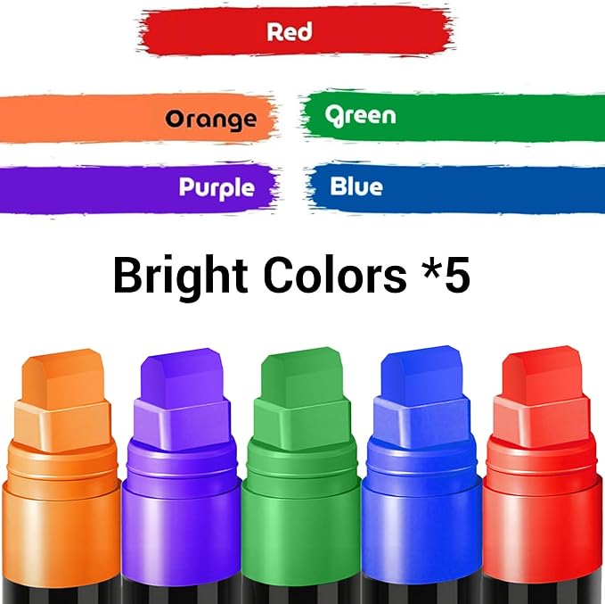 MEHVOR Acrylic Paint Markers, 5 Vibrant Colors Poster Markers Jumbo 15mm Wide Tip Permanent Ink 36g, Thick Acrylic paint pens for Poster, Glass, Rock Painting, Stone, Wood, Car, Ceramic, Fabric