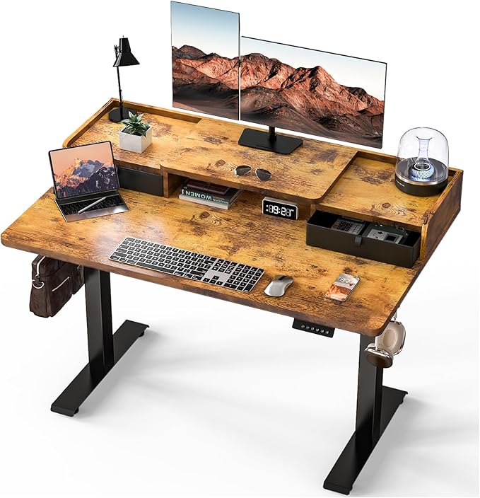 Kingant 48 x 30 Inch Electric Standing Desk with Dual Drawers, Adjustable Height Computer Desk for Home Office, Large Workstation Sit Stand Up Desk with Built-in Storage Shelf, Rustic Brown