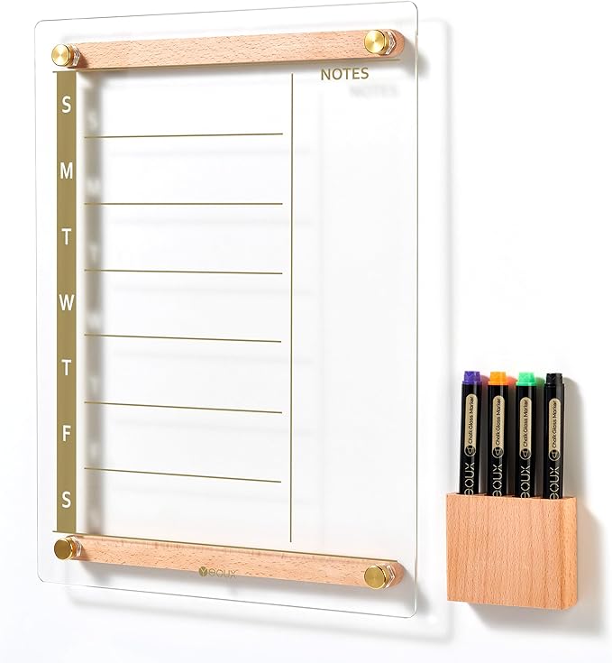 Clear Gold Glass Weekly Dry Erase Calendar Whiteboard with Wood Decoration for Wall, Menu & Meal Planner White Board for Home Kitchen, 15x11, Wood Marker Holder and 4 Markers Included, Yeoux