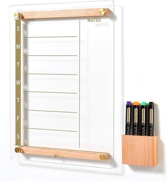 Clear Gold Glass Weekly Dry Erase Calendar Whiteboard with Wood Decoration for Wall, Menu & Meal Planner White Board for Home Kitchen, 15x11, Wood Marker Holder and 4 Markers Included, Yeoux