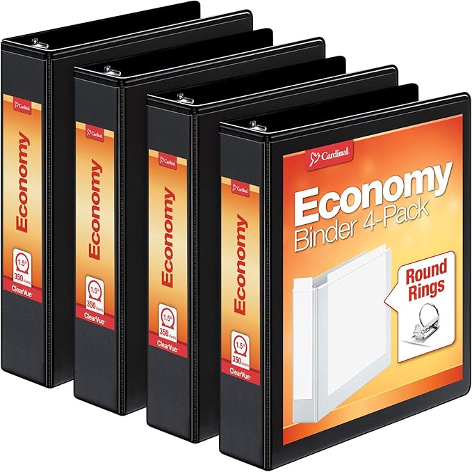 Cardinal Economy 3 Ring Binder, 1.5 Inch, Presentation View, Black, Holds 350 Sheets, Nonstick, PVC Free, 4 Pack of Binders (79519)