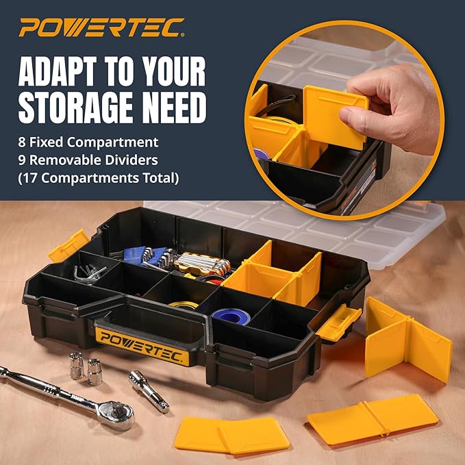 POWERTEC Stackable Tool Box Organizer with Removable Dividers - 17 Compartments, Interlocking, Portable Design (72118)
