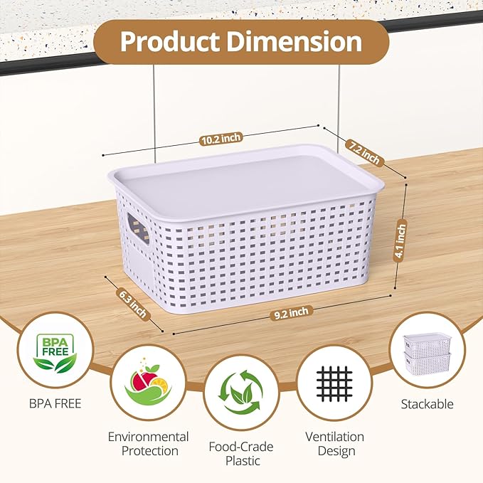 ZFTMRR Plastic Storage Basket with Lid, Stackable Small Box Bins for Organizing and Containers for Shelves Drawers Desktop Closet Playroom Pantry Classroom Office Home, 8 Pack 10.2"x7.2"x4.1" Lavender