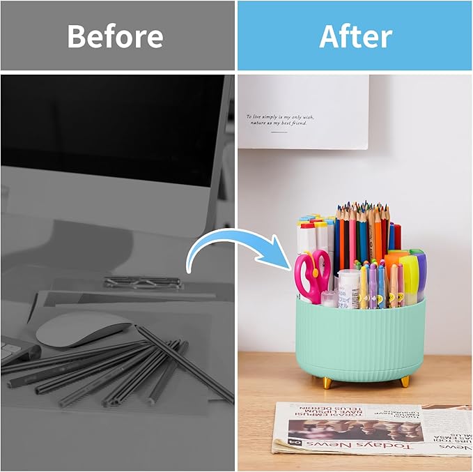 Marbrasse Desk Organizer, 360-Degree Rotating Pen Holder, Desk Organizers and Accessories with 5 Compartments Pencil Holder, Art Supply Storage Box Caddy for Office, Home (Mint Green)