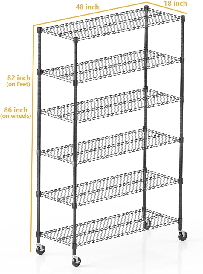 Himimi 82" H Storage Shelves 6 Tier Metal Shelving Adjustable Wire Shelf with Wheels, Heavy Duty Shelving for Garage Kitchen Pantry Bathroom Laundry,18" D*48" W*82" H, Black