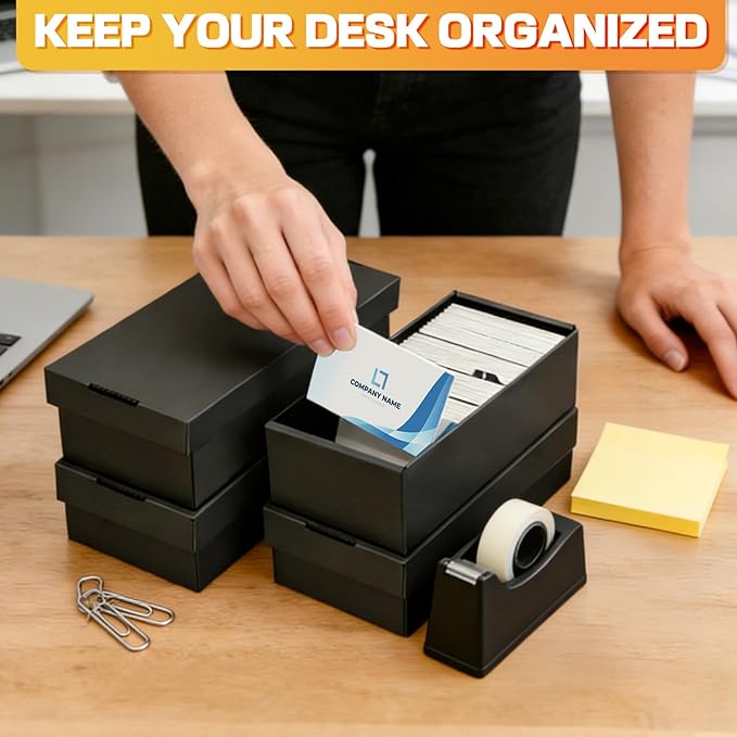QLOUNI Business Card Storage Box 4 Pack, Business Card Holder Case with Lids & 112 Index Dividers, Holds 3200 Cards Total, Desk Business Card Organizer, Black Card Index & Recipe Card Storage