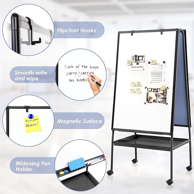 MAKELLO Rolling Whiteboard on Wheels 36x24 in, Double-Side Standing White Board Grey Bulletin Board Combo with Storage Tray for Office Classroom Commerce, Height Adjustable, Aluminum Frame, 3'x2'