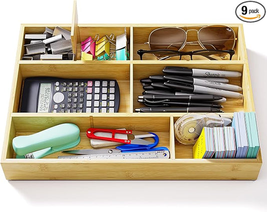 VA1KENE Bamboo Drawer Organizer with 9 Adjustable Compartments, Office Desk Organization Tray for Office Utensils, Supplies, Makeup, Jewelry, and More – Ideal for Desk or Drawer Storage