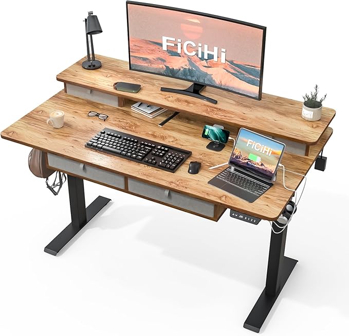 FiCiHi Adjustable Height Standing Desk with 4 Drawers,55 x 30 inches Electric Sit Stand Home Office Desk with Two Tiers, 3 Memory Presets, Monitor Stand Riser, USB A/C Charging Port