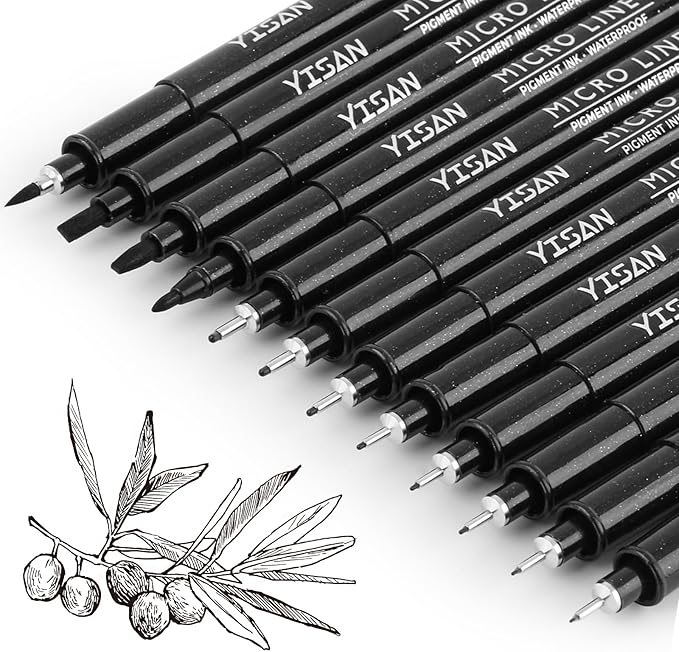 YISAN Drawing Art Pens,Micro Fineliner Pens,Fine Tip Manga Markers for Artist Sketch Technical,Black,12 Set,902195