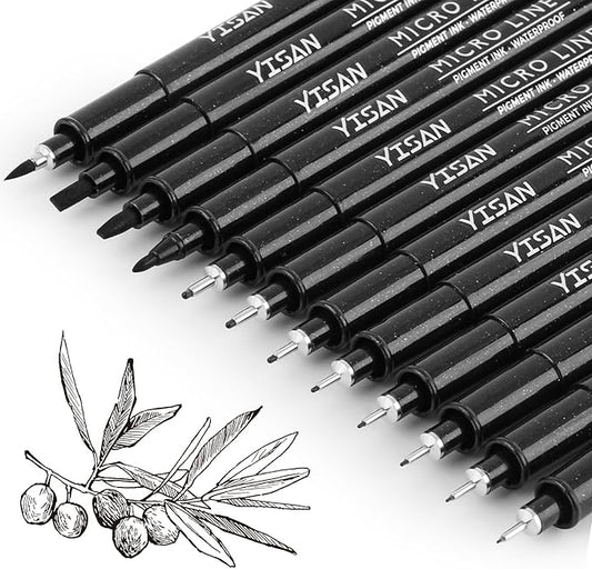 YISAN Drawing Art Pens,Micro Fineliner Pens,Fine Tip Manga Markers for Artist Sketch Technical,Black,12 Set,902195