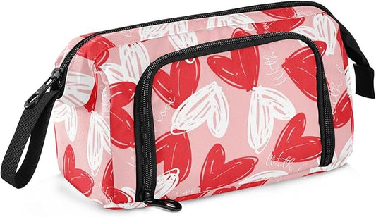 Bolaz Big Capacity Pencil Pen Case Pouch Bag School College Office Organizer for Teens Girls Adults Student-Valentine's Day Red White Hearts on Pink