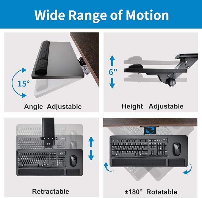 Cartmay Keyboard Tray Under Desk,25x9.84'' Large Slide Out Swivel Tilt Computer Keyboard Drawer for Home Gaming Office Desk, Dual Mount,Black