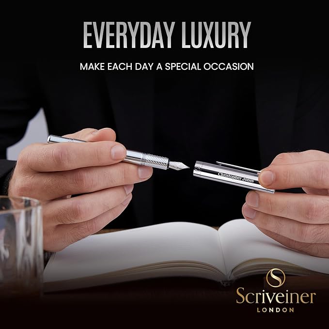 Scriveiner Personalized Silver Chrome Fountain Pen (Medium), Award Winning Luxury Pen, Heavy Pocket Pen, Chrome Finish, Best Engraved Fountain Pen Gift Set for Men & Women, Name Engraving