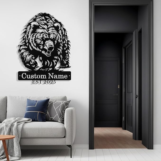 Custom Bear Metal Sign, Custom Bear Metal Wall Art Decor, Personalized Last Name Signs for Home, Rustic Farmhouse Black Wall Decor for Cabin, Bedroom, Living Room, Porch
