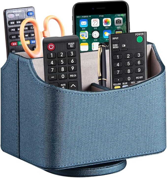 PUSU Remote Control Holder PU Leather 360 Degrees Rotatable Desktop Supply Organizer Storage Box for Controllers Media Stationery Nightstand TV Caddy E-reader iPad Phone Pen/Pencil Cosmetic