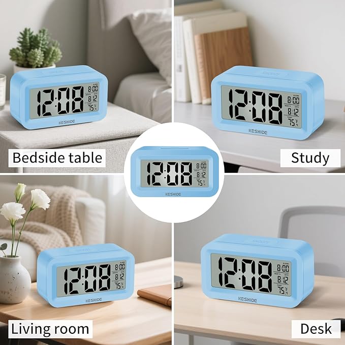 KESHIDE Travel Digital Alarm Clock Battery Operated with Indoor Temperature, Desk Small Clock,Snooze Model,12/24H Display for Bedrooms Heavy Sleepers Kids Travel Bathroom (Black)