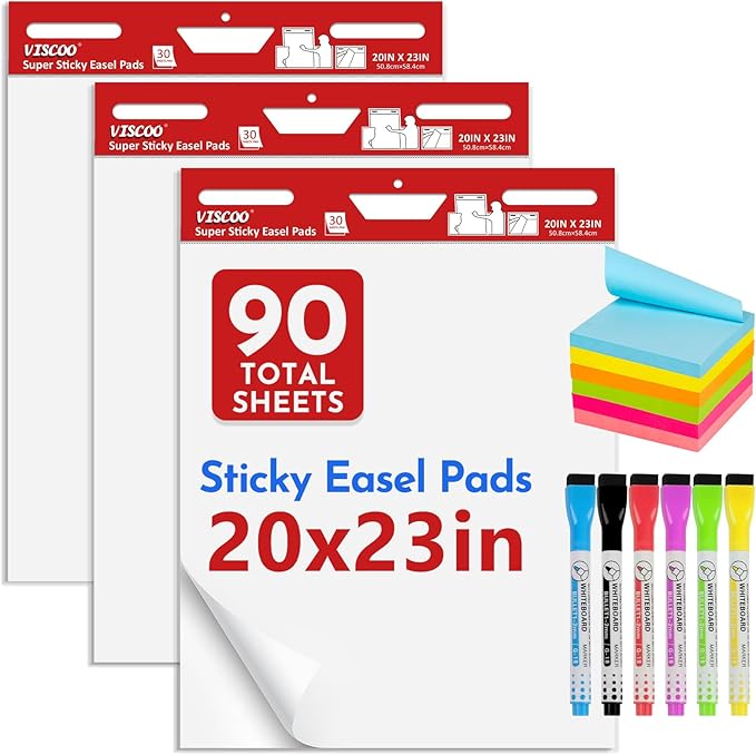 VISCOO Thickened Sticky Easel Pad, 20 x 23 Inches Flip Chart Paper for Teachers,Giant Self-Stick Chart Paper for Wall, Anchor Chart Paper for Office Classroom with Sticky Note, 90 Sheets/3 Pads
