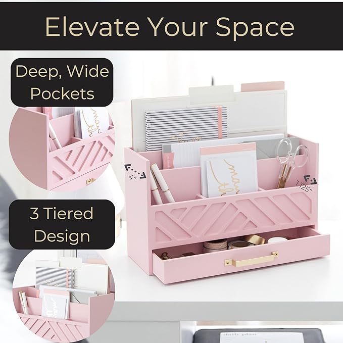 BLU MONACO Pink Wooden Desk Organizer With Storage Drawer and Gold Handle | Desktop Mail Sorter and Stationery Holder for Home Office | 4.6” x 12.4” x 7.5” Multi-Compartment Accessory Organizer