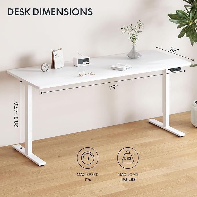 FLEXISPOT 79x32 Inch Large Dual Motor Electric Standing Desk, White - Computer Desk with Memory Controller, Home Office Desk with Splice Board