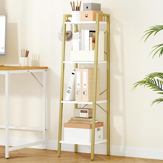 Hzuaneri Ladder Shelf, Bookshelf Bookcase, Freestanding Corner Storage Shelve with 2 Hooks for Home Office, Living Room, Kitchen, Bedroom, Industrial, 11.8" D x 13.4" W x 47.2" H, White Gold BC13213G