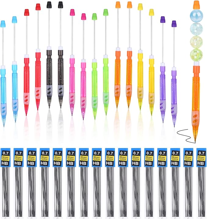 16Pcs Beadable Mechanical Pencils Bulk, Include 16 Beaded Mini Mechanical Pencil with 16 Lead Refills, Beadable Pencils with Silicone Hand Guard for Writing Drawing Sketching DIY Crafting (8 Colors)
