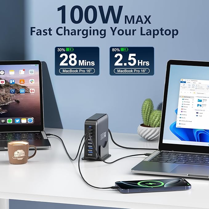 350W USB Fast Charging Station, 8 Port USB C Multi Port Charger Block with PD 100W Fast Charging Station for Multiple Devices, USB Charger Block Compatible iPhone, Android Cell Phone, Tablet, iPad