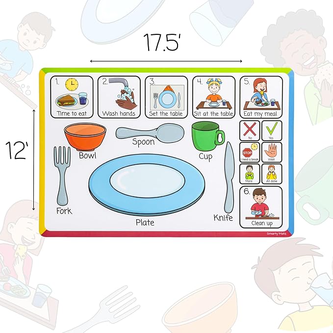 Speech Therapy Placemats for Autism & Non-Verbal Kids (6 Pack) – Visual Communication Boards, ABA Therapy Tools, Toddler Speech Delay Aids – Smarty Mats Waterproof Wipe-Clean Mealtime Mats