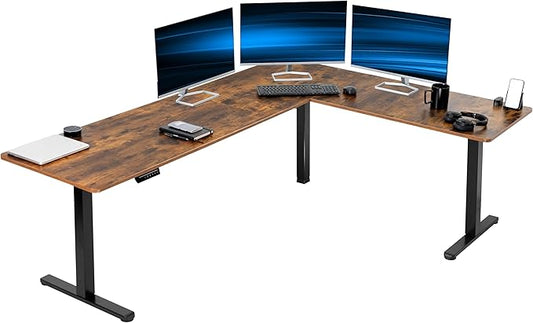 VIVO Electric Corner 84 x 63 inch L-Shaped Standing Desk, Memory Height Adjustment, Rustic Vintage Brown Top Black Frame, DESK-E3CTBN-84