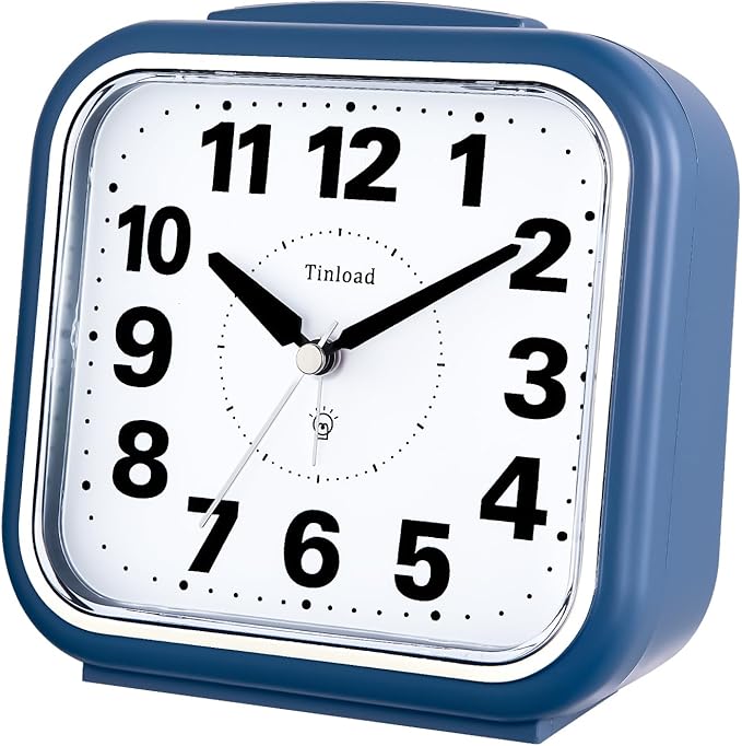 Tinload 5.5" Large No Ticking Analog Alarm Clock,Silent Readable for Seniors,Easy to Set,Gradual Rise Alarm,Big Numbers,Gentle Wake,Snooze, Lighted on Demand,Battery Operated,Blue