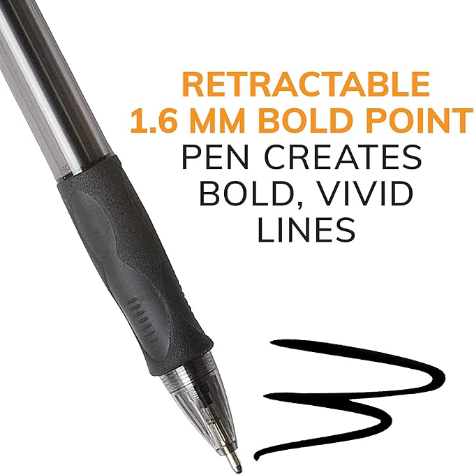 BIC Glide Bold Black Ballpoint Pens, Bold Point (1.6mm), 12-Count Pack, Retractable Ballpoint Pens With Comfortable Full Grip