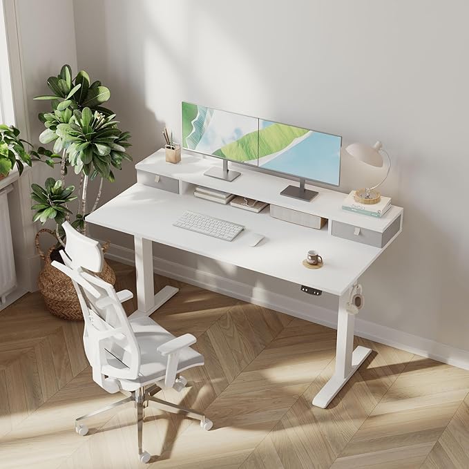 Klicelor 55 Inch Electric Standing Desk with Drawers, Adjustable Height Small Sit Stand Desk for Home Office, Compact Computer Workstation with Storage– White