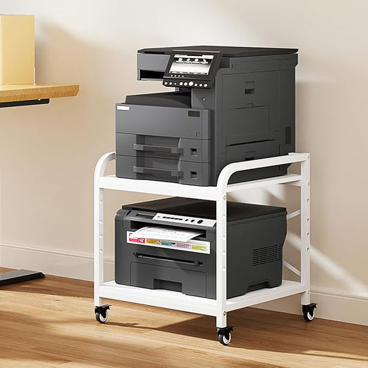Vokumba 20 Inches Large White Printer Stand, 2-Tier Under Desk Printer Table with Height Adjustable Shelf, Rolling Printer Cart with Industrial Wheels for Home Office (White)