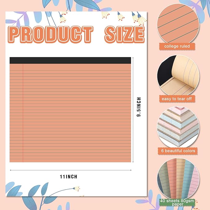 Lincia 6 Pcs 11" x 9.5" Legal Pads College Ruled Notepad Landscape Notebook Horizontal Lined Notebook 80 Gsm Assorted Colors Paper Pastel Writing Pads for School Office, 40 Sheet (Slate Gray)