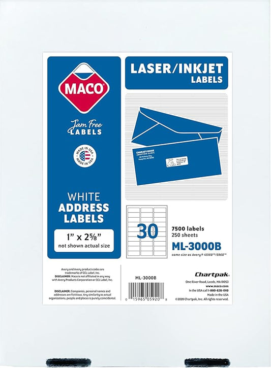 MACO Printable Labels for Mailing - Laser/Ink Jet Compatible Shipping Address Labels, 30 per Sheet, 1" x 2-5/8", Box of 250 Pages/7500 Labels, White