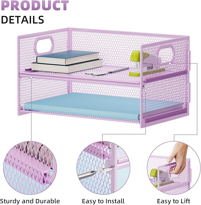 Marbrasse 2 Tier Paper Organizer Letter Tray, Mesh File Organizer with Handle, Paper Sorter Desk Organizer for Home Office Supplies - 2P Purple