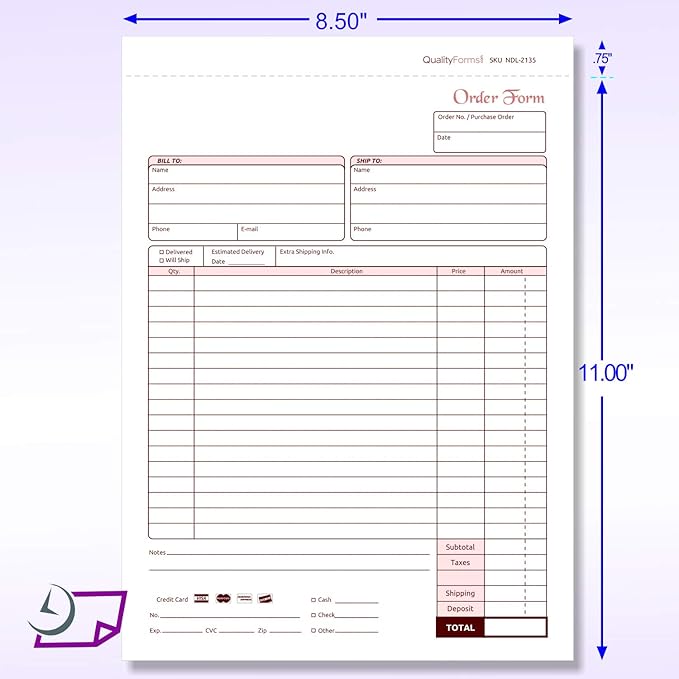 NextDayLabels - Carbonless NCR Order Forms, Bound Wraparound Cover, White/Canary & Pink, 50 Sets per Book. (8-1/2 x 11" - 3 Part)