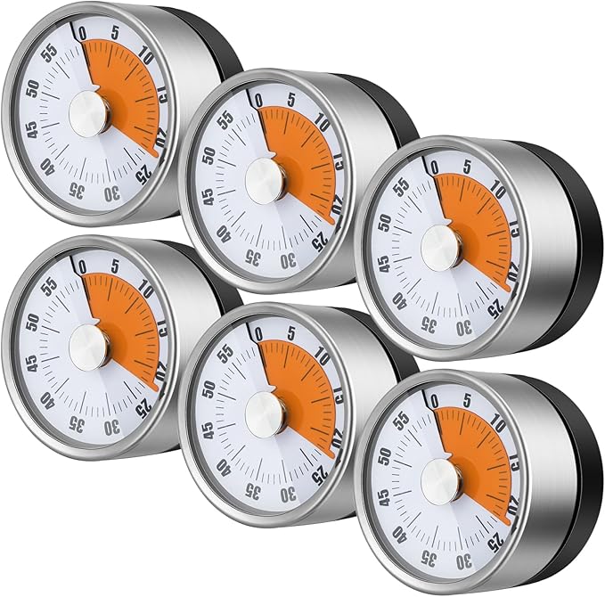6 Pcs 60 Minute Visual Kitchen Timer Small Classroom Timers with Loud Alarm Stainless Steel Mechanical Timers for Classroom Desk Teaching Chef Countdown Egg Baking Office Cooking(White)