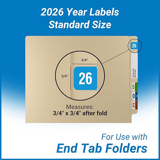 2026 Year Stickers, Doctor Stuff 2026 Chart Stickers, Light Blue Color Coded, Ringbook Sheets, Reynolds & Reynolds Style, USA Made Year Labels for End Tab File Folders, 270/Package, 3/4" x 1-1/2"